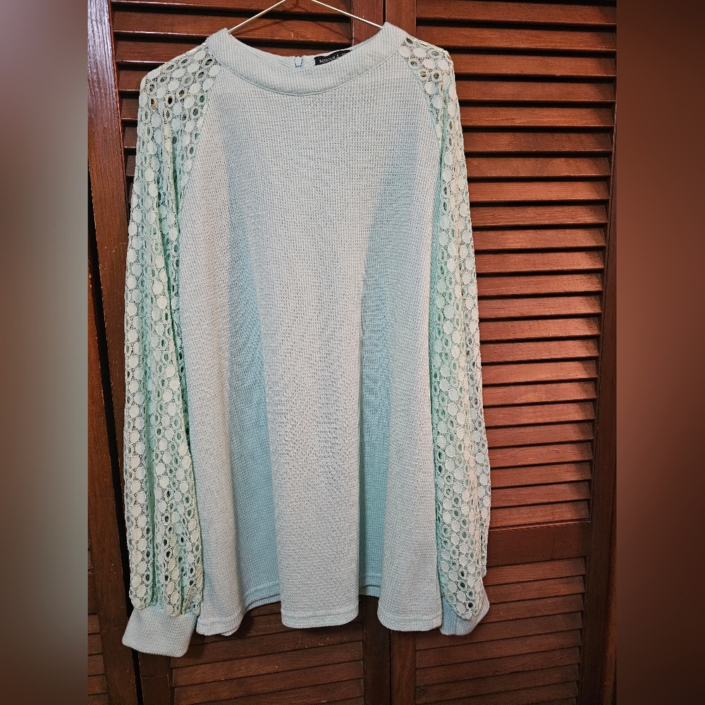 Miholl Casual Round Neck Lace Crochet Lantern Sleeve Top